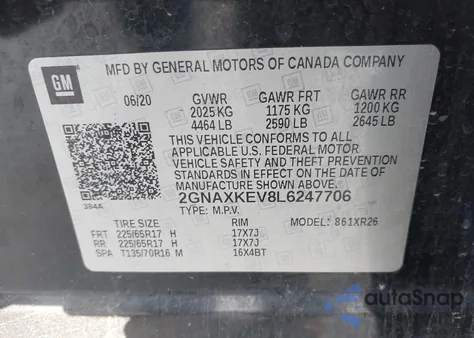 2020 Chevrolet Equinox Fwd Lt 1.5L Turbo из США, поврежденный, VIN 2GNAXKEV8L6247706